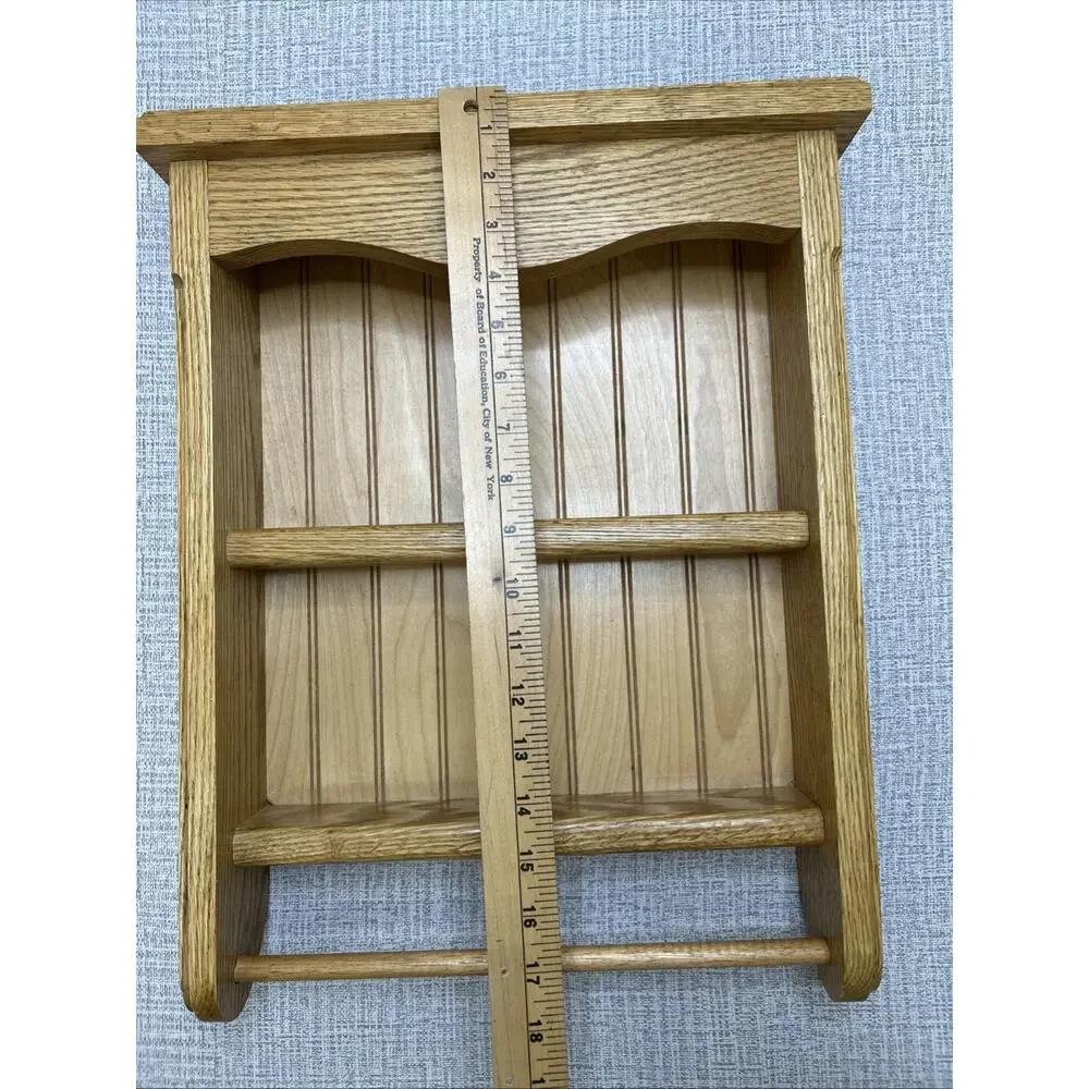 Vintage Handmade Solid Oak Wall Shelf Towel Bar 2 Shelves 19x14x4 Boho Spices